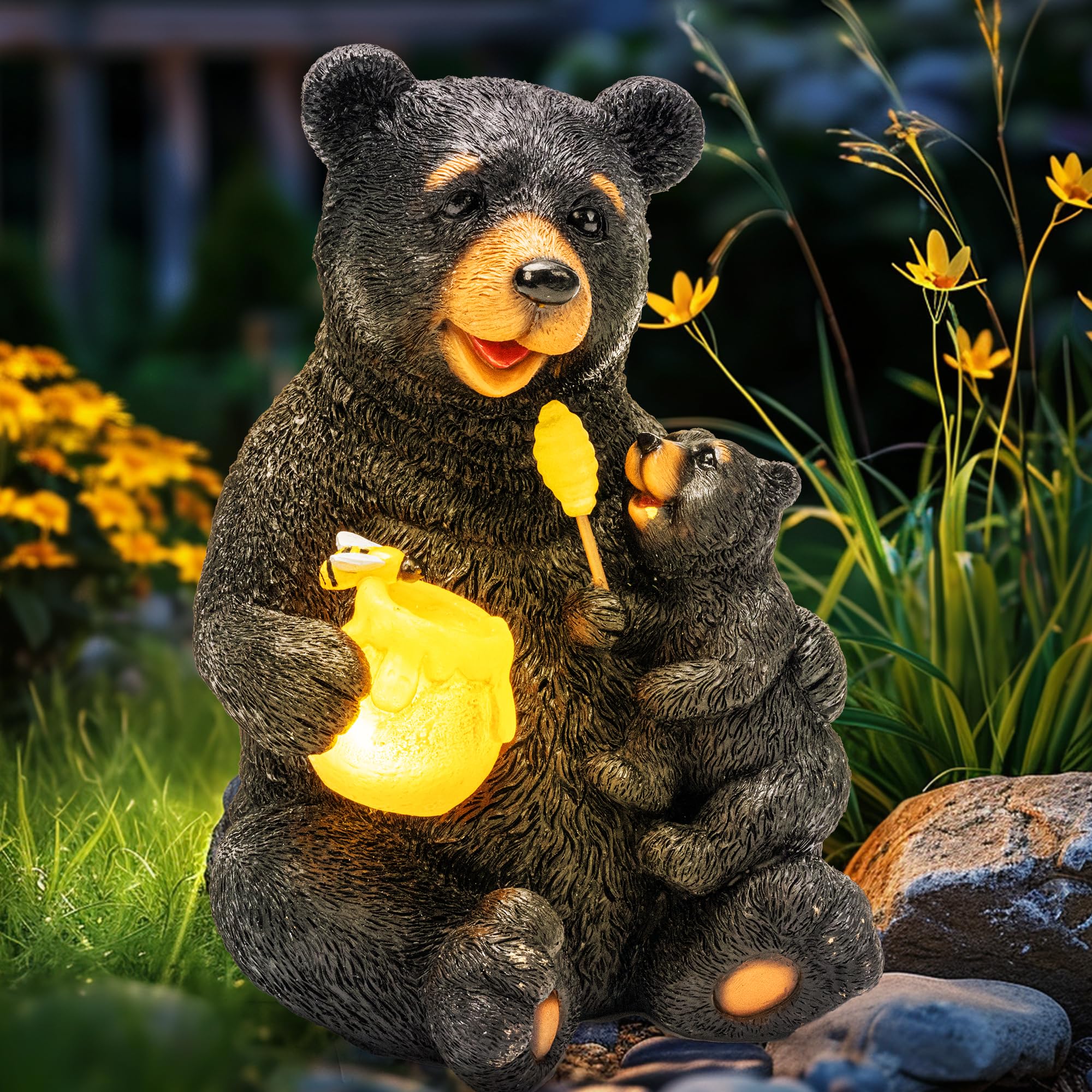 GIGALUMI solar bear statue 9-inch glows softly at dusk for outdoor charm.