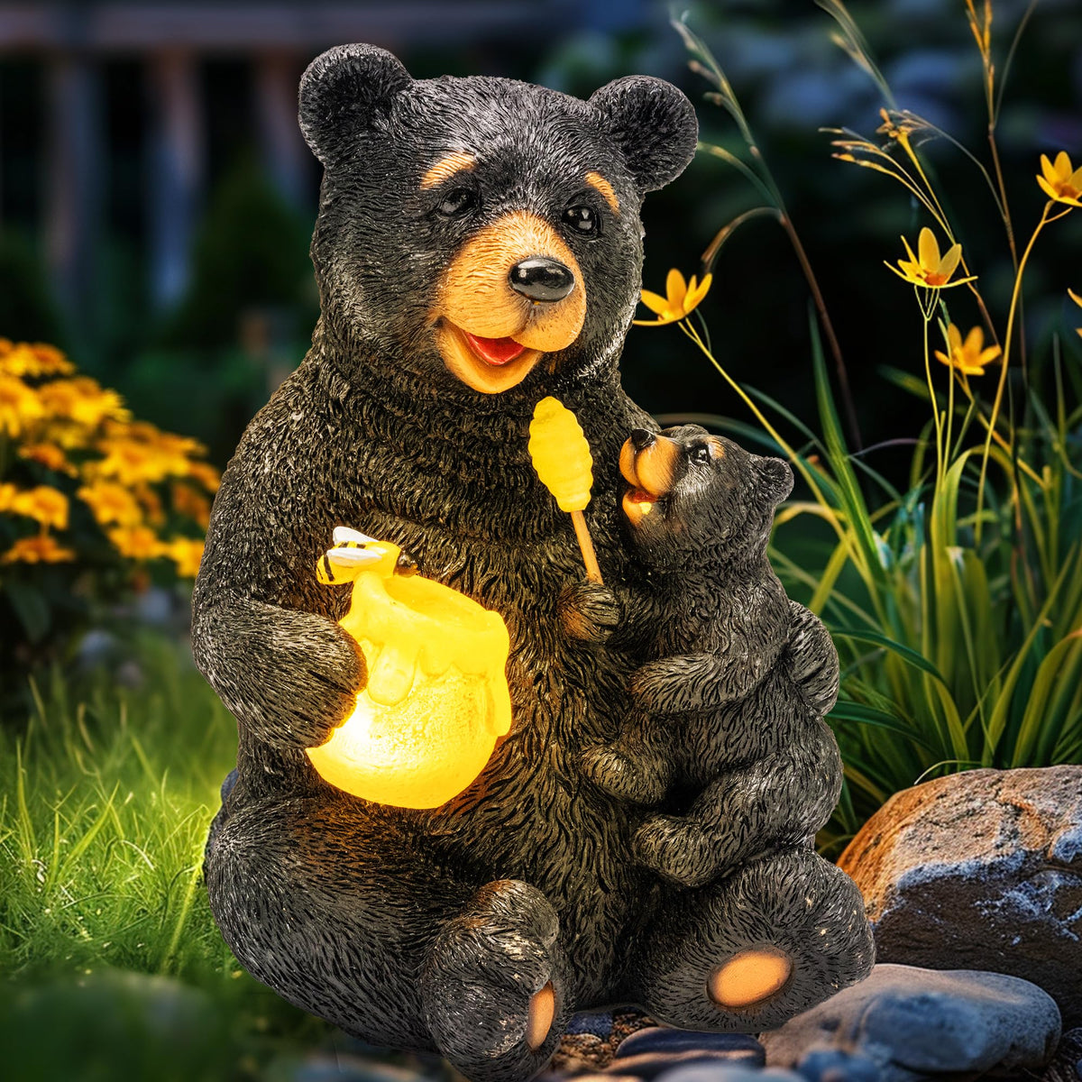 GIGALUMI solar bear statue 9-inch glows softly at dusk for outdoor charm.