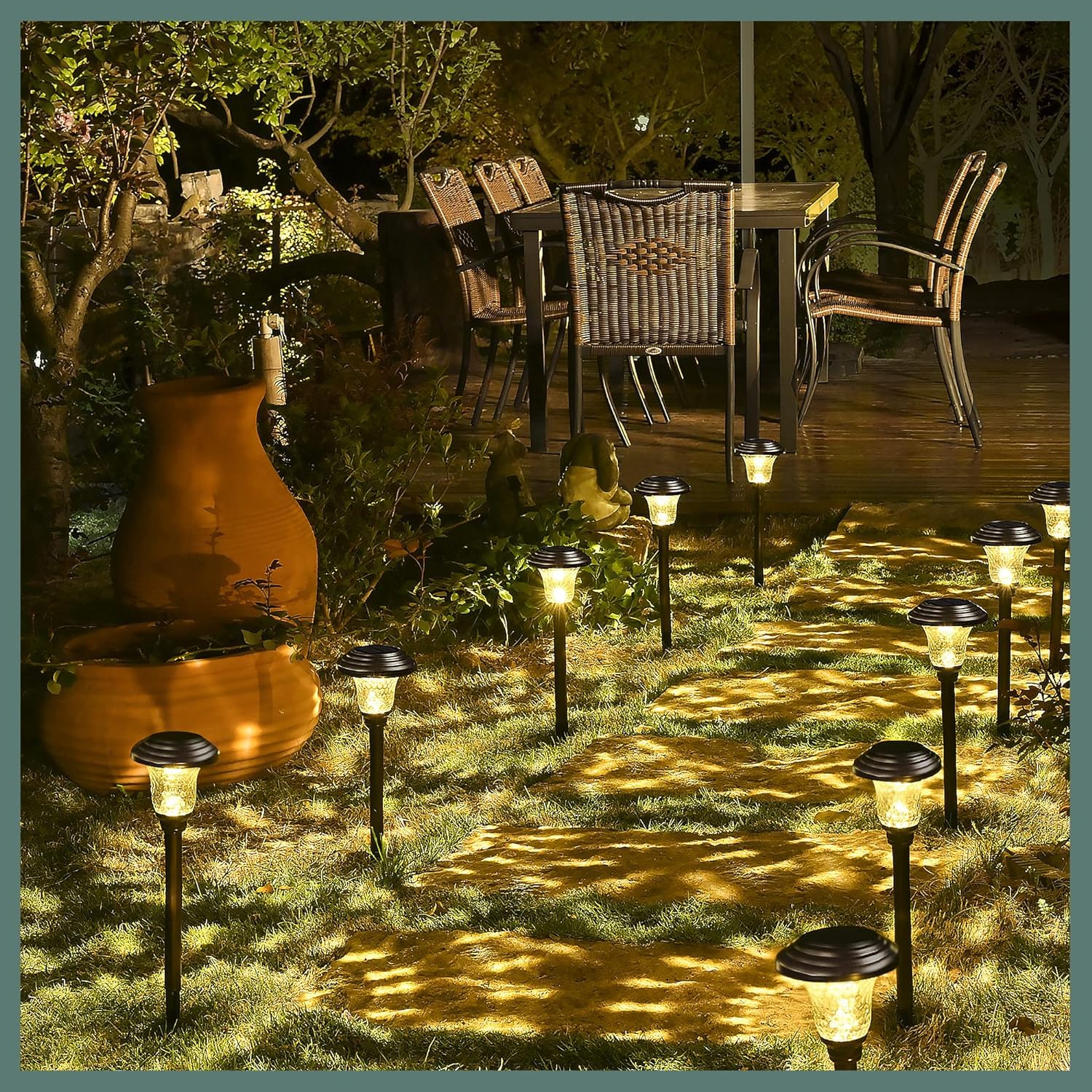 GIGALUMI brown finish landscape lights along a garden walkway enhance curb appeal.