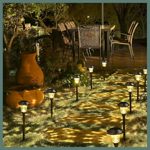 GIGALUMI brown finish landscape lights along a garden walkway enhance curb appeal.