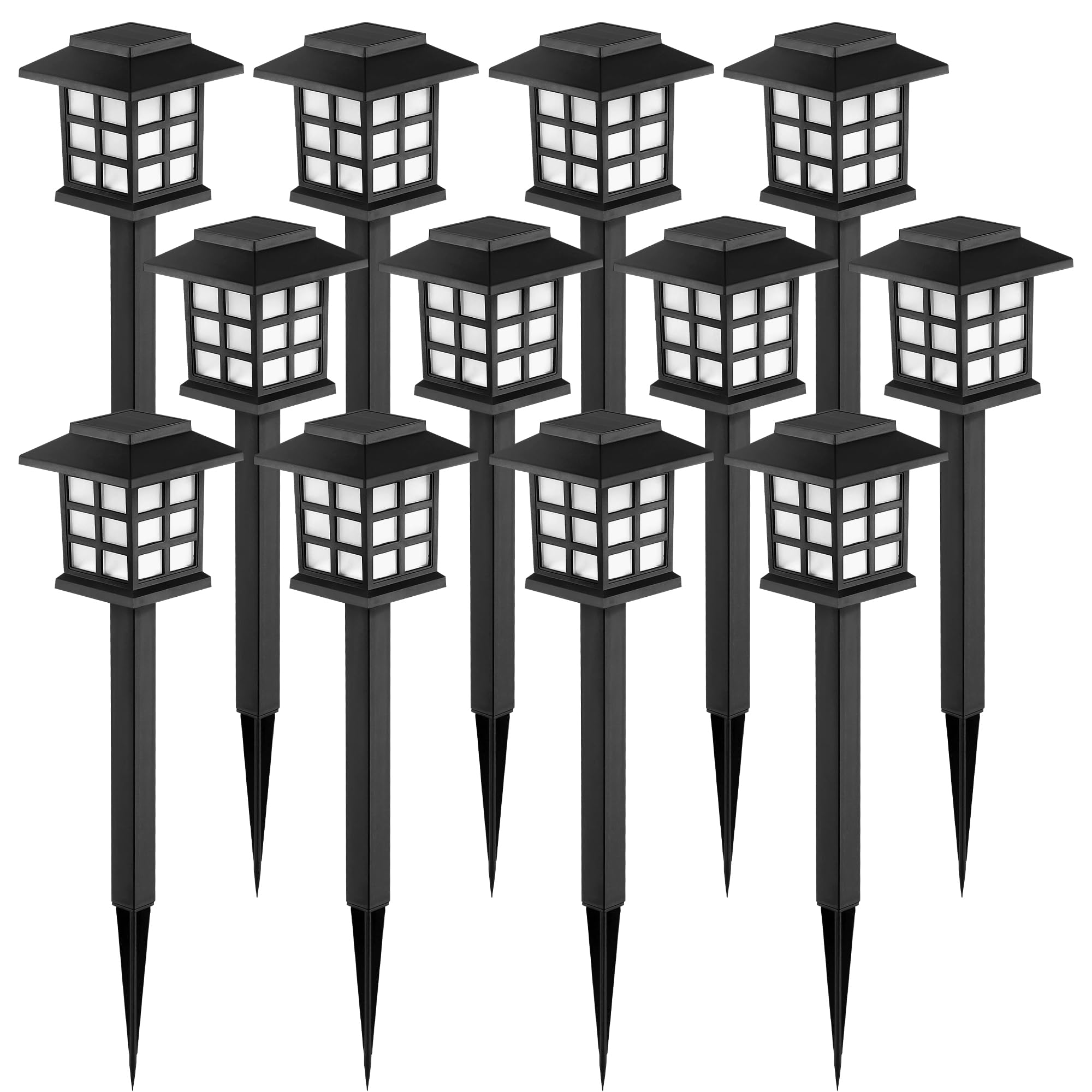 GIGALUMI solar outdoor light illuminates a garden path at dusk.