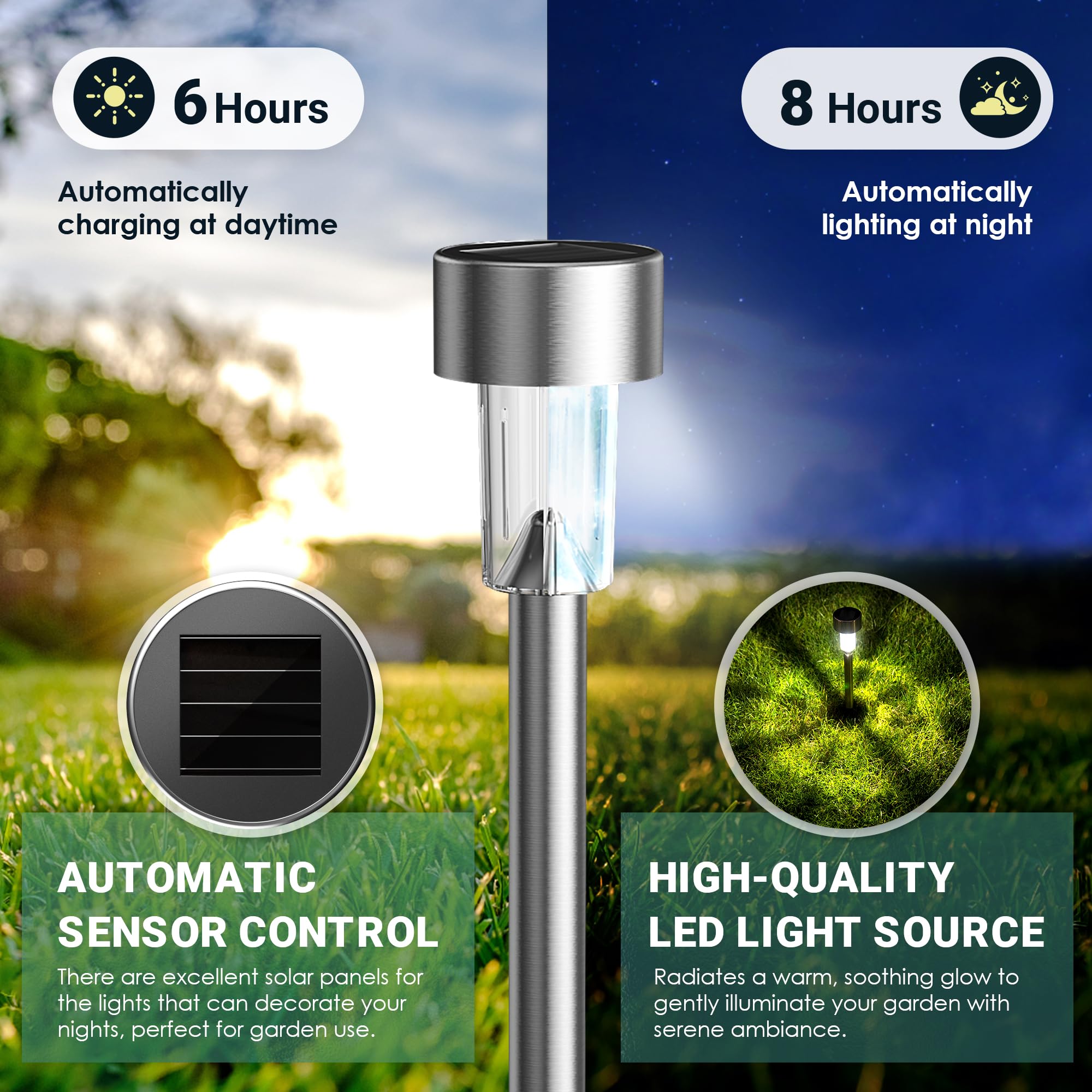 GIGALUMI automatic on/off lights activate at dusk for hands-free glow.