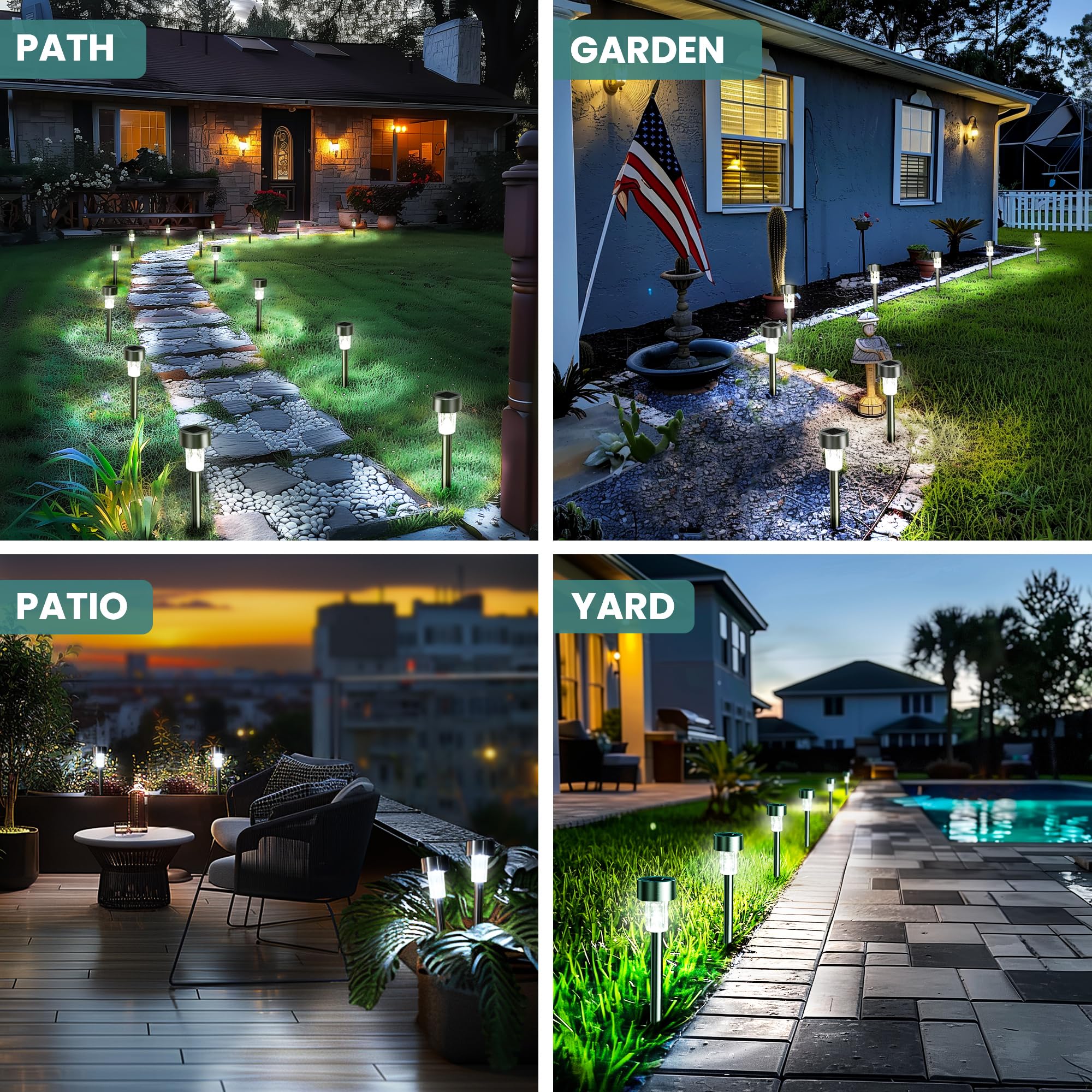GIGALUMI solar path light uses stainless steel construction for weatherproof durability.