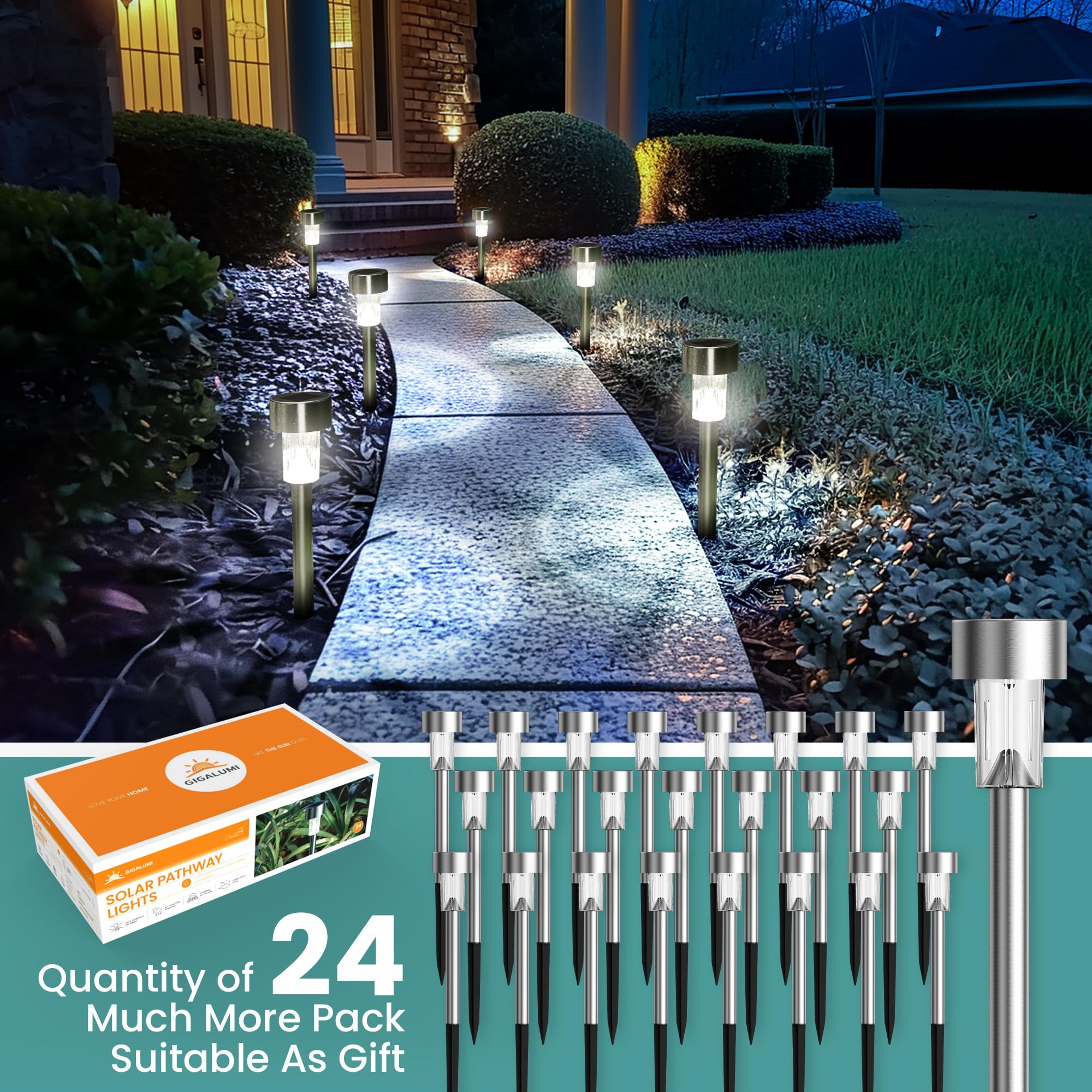 GIGALUMI solar path light brightens yard edges for safer nighttime navigation.