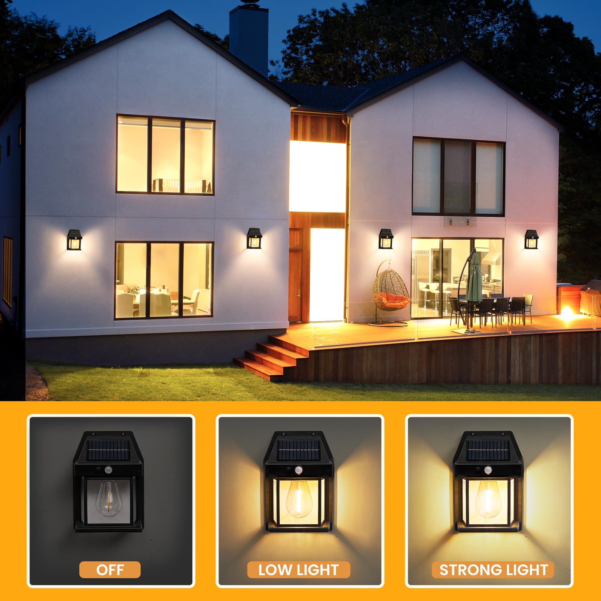 GIGALUMI solar wall light with motion sensor illuminates entry when approached.
