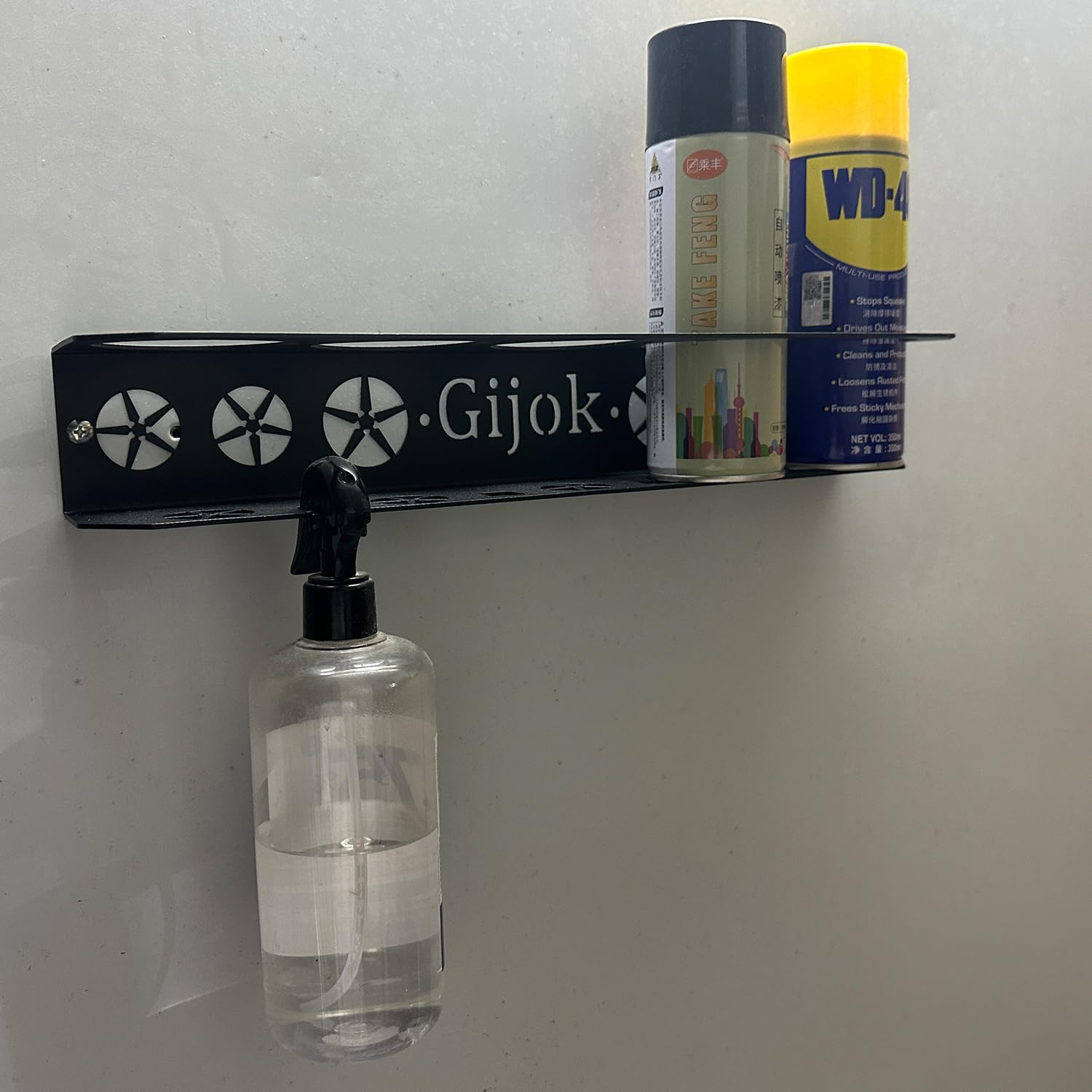 Gijok durable steel aerosol holder shows rustproof finish for garage organization and easy access.