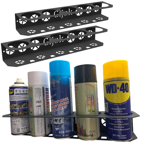 Gijok five-cans wall mount holder shown, organizing spray cans efficiently.