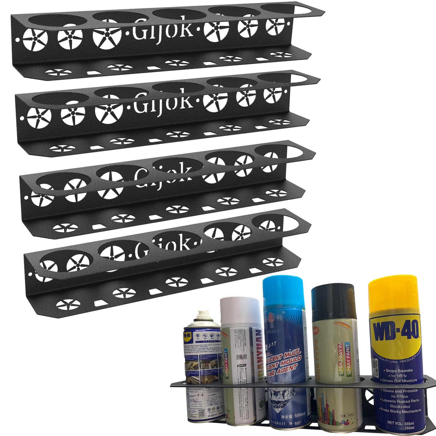 Gijok four-pack wall-mounted spray can holder on garage wall for organized storage