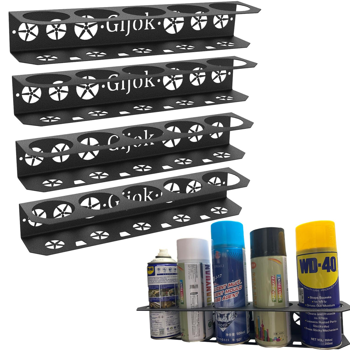 Gijok four-pack wall-mounted spray can holder on garage wall for organized storage