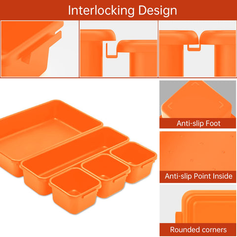Giklux interlocking orange drawer trays enable seamless stackable organization.