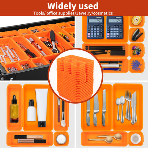 Giklux orange trays in a drawer for fast tool identification and layout.