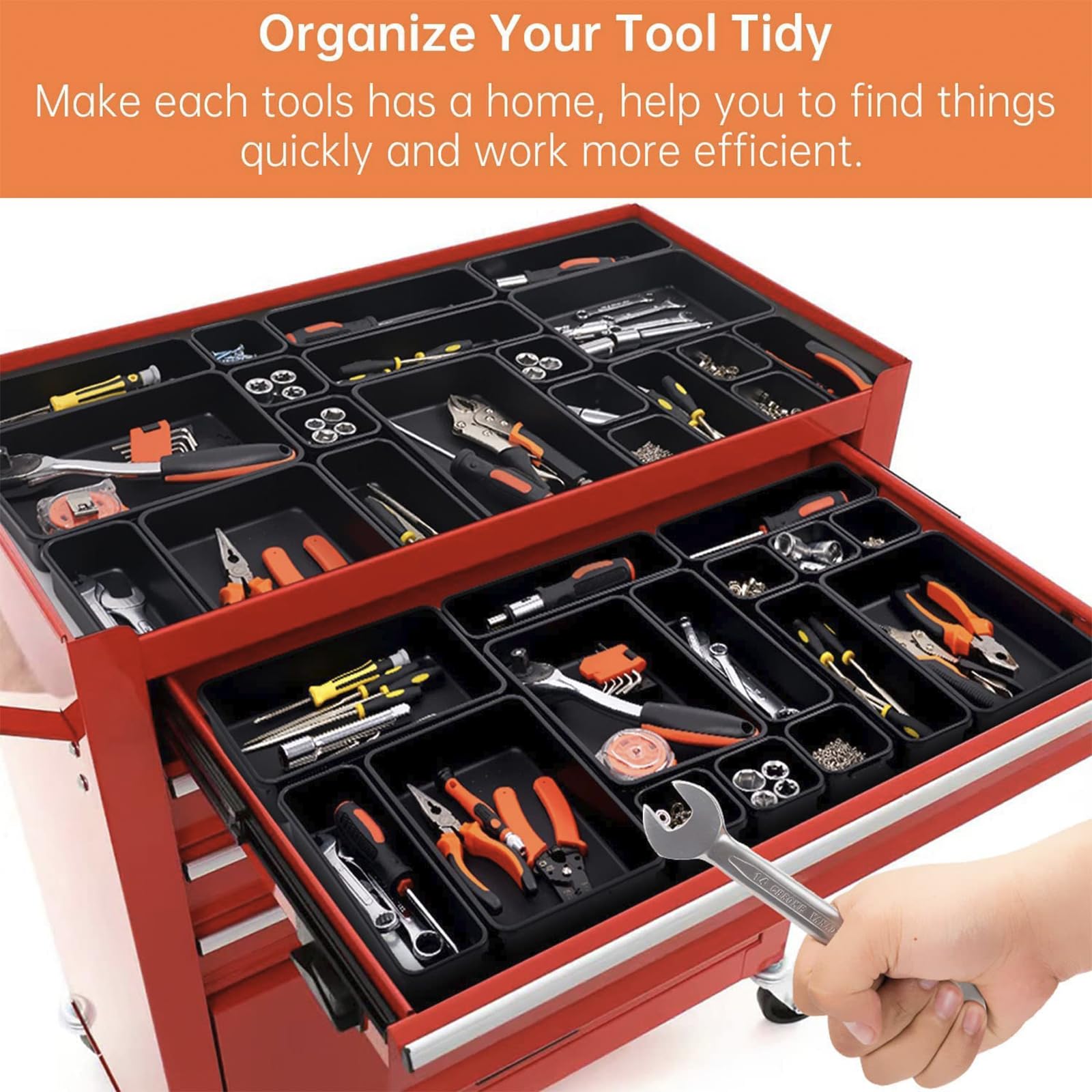 Giklux 9x3x2 tray beside tools enables efficient large-tool access.