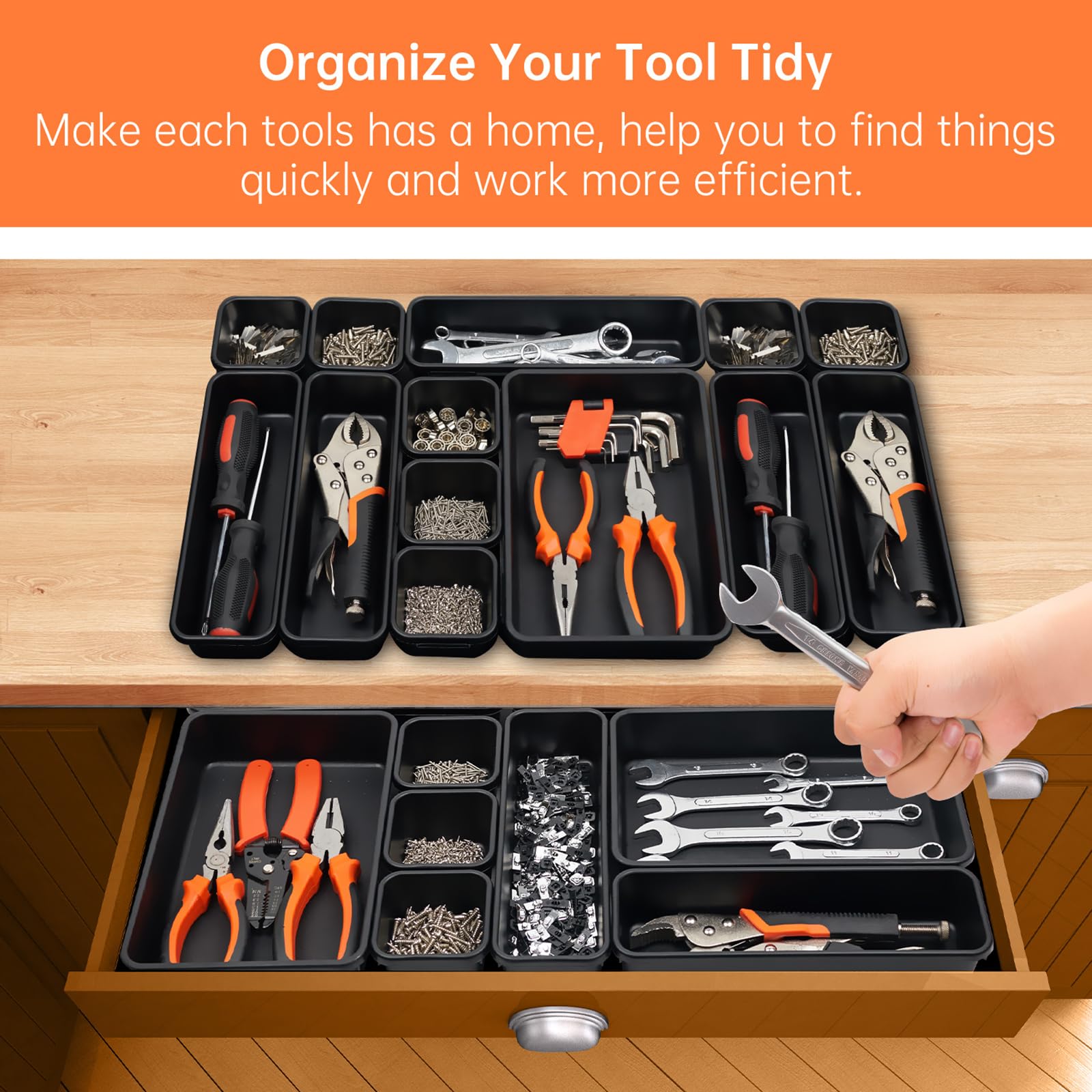 Giklux 9x6x2 tray in a drawer organizes fasteners neatly.