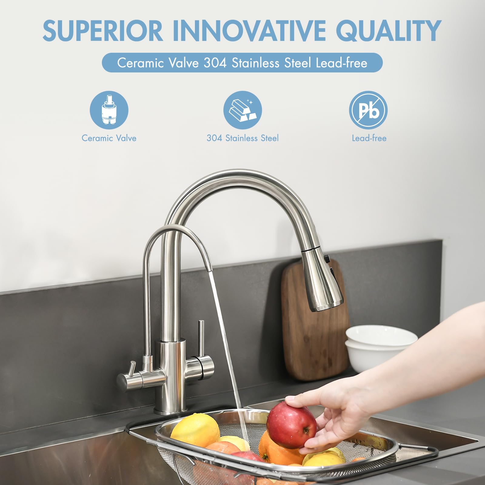 GIMILI 360-degree swivel spout enables full sink access for single or double bowl setups.