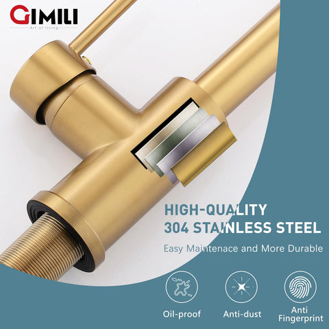GIMILI brushed gold faucet 360-degree swivel for full sink reach