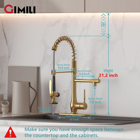 GIMILI brushed gold faucet showing dual nozzles for powerful spray and gentle stream