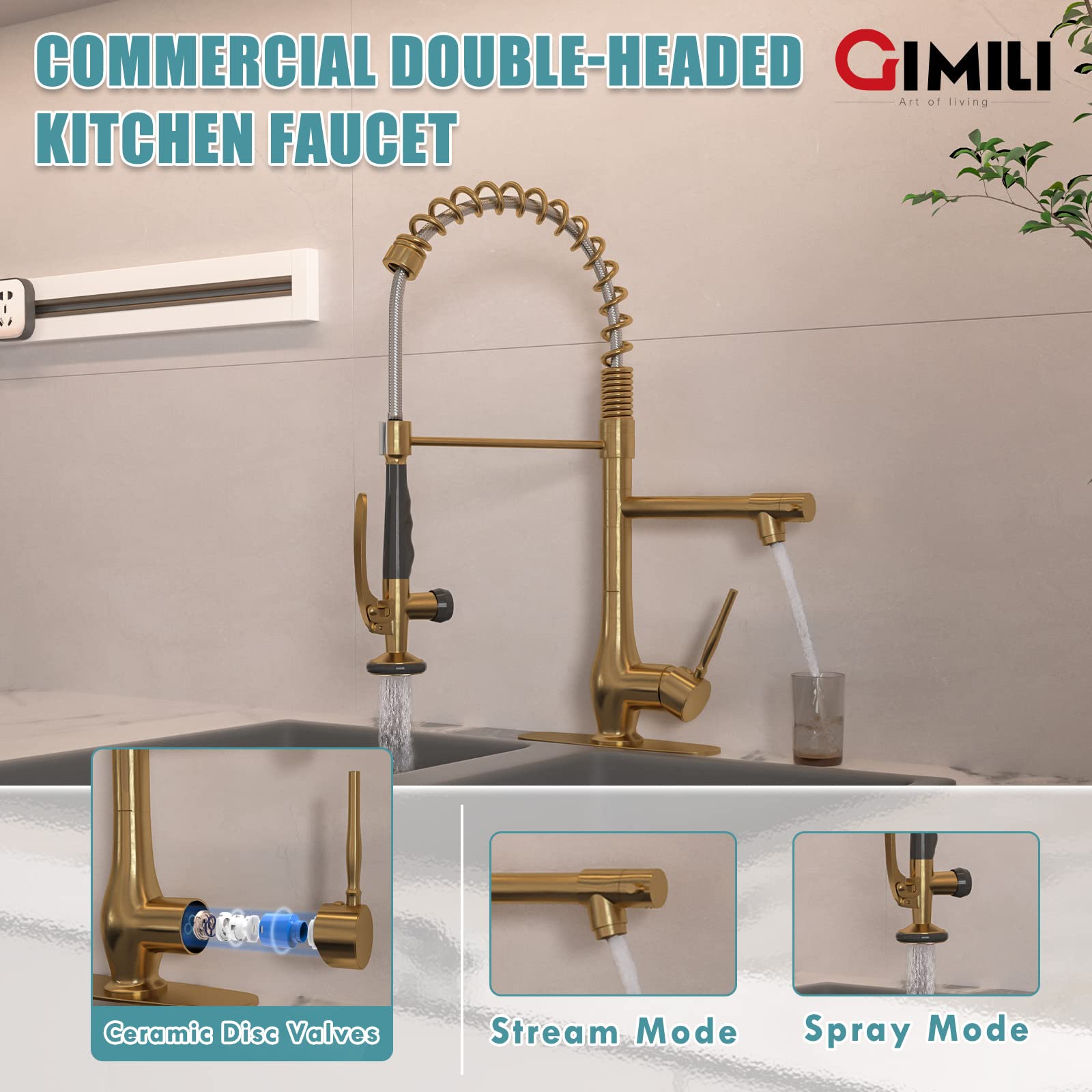 GIMILI brushed gold faucet high arc spout offers full sink access