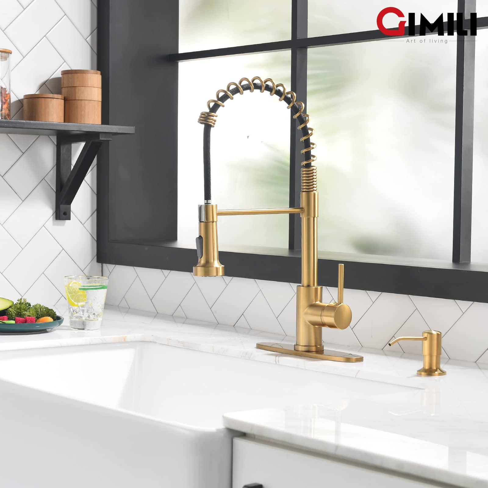 GIMILI brushed gold faucet with built-in soap dispenser for convenient hand-washing