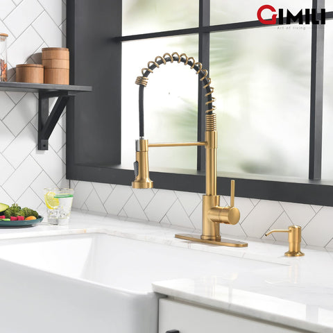 GIMILI brushed gold faucet with built-in soap dispenser for convenient hand-washing