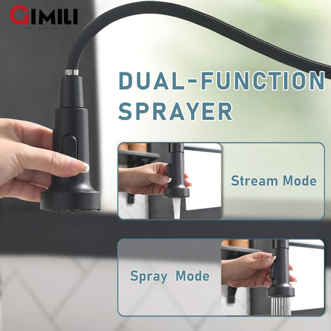 GIMILI commercial-style faucet with spring hose for heavy-use kitchens.