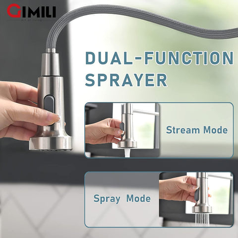 GIMILI kitchen faucet with 360-degree swivel spout for full sink access.