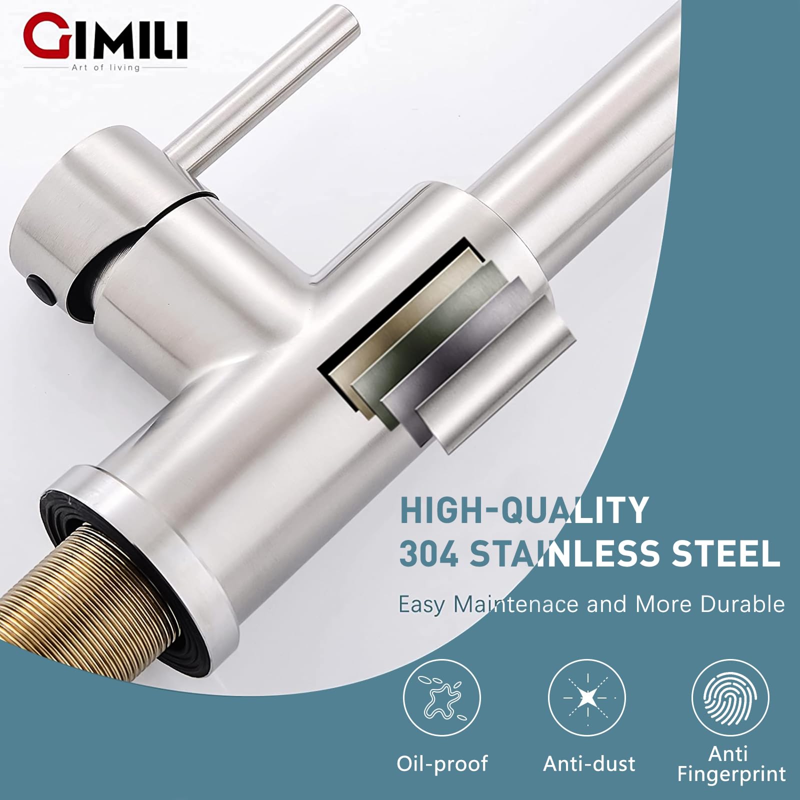 GIMILI brushed nickel finish close-up showing anti-fingerprint, rust-resistant surface.