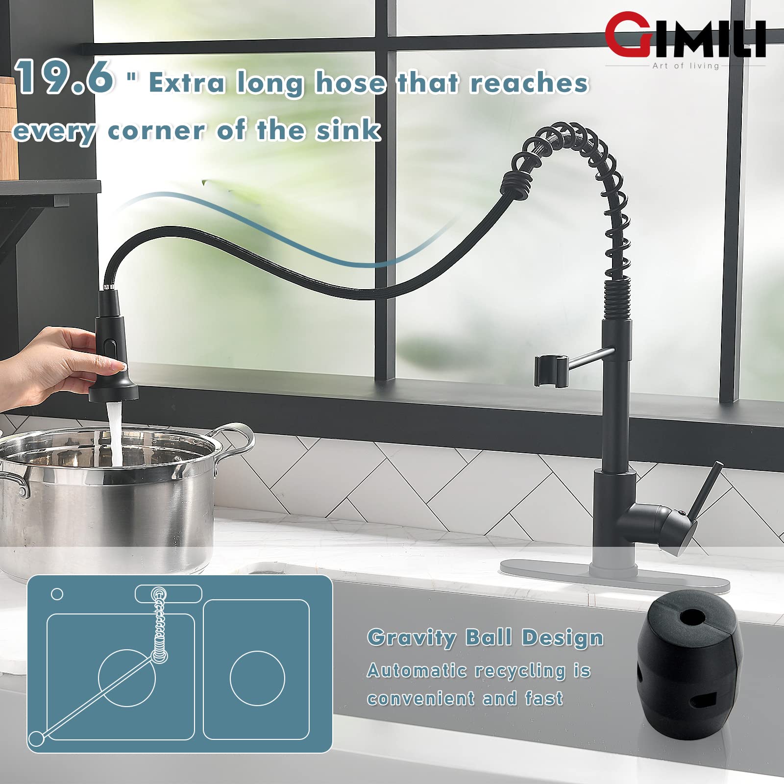 GIMILI faucet: 18.5 inches tall with 8.3-inch reach.
