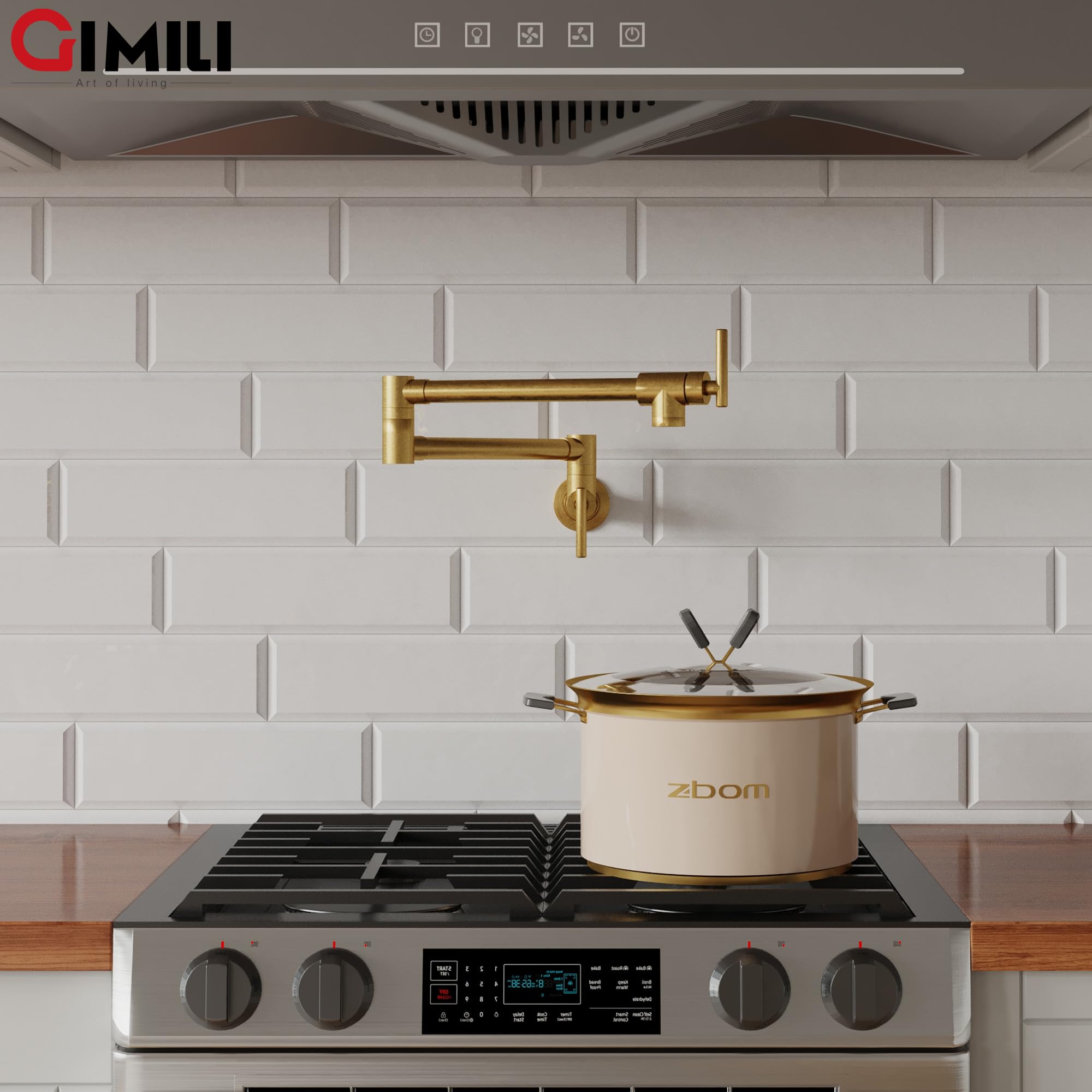 GIMILI Pot Filler Gold 360° swing arm covers a wide cooking area.