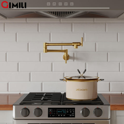 GIMILI Pot Filler Gold 360° swing arm covers a wide cooking area.