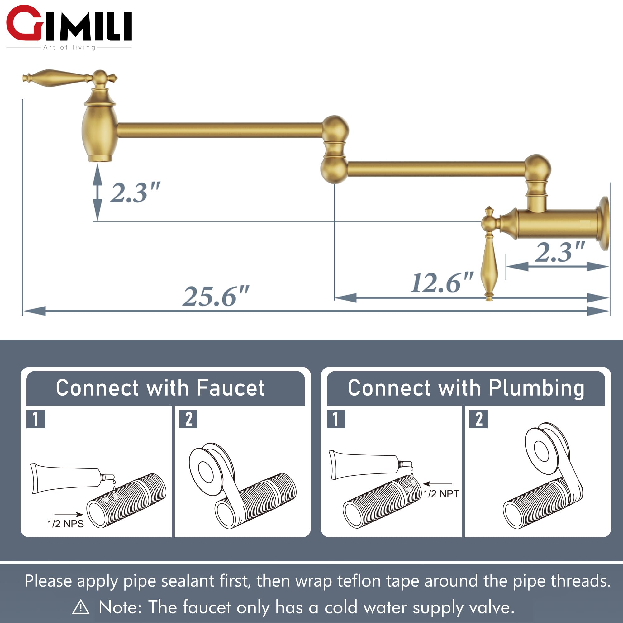 GIMILI pot filler wall-mount extended arm reaches 24 inches for large pots