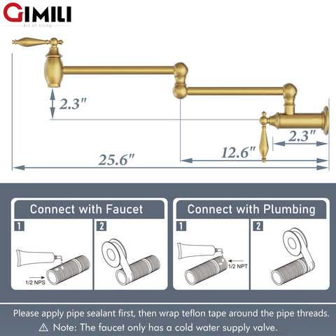 GIMILI pot filler wall-mount extended arm reaches 24 inches for large pots