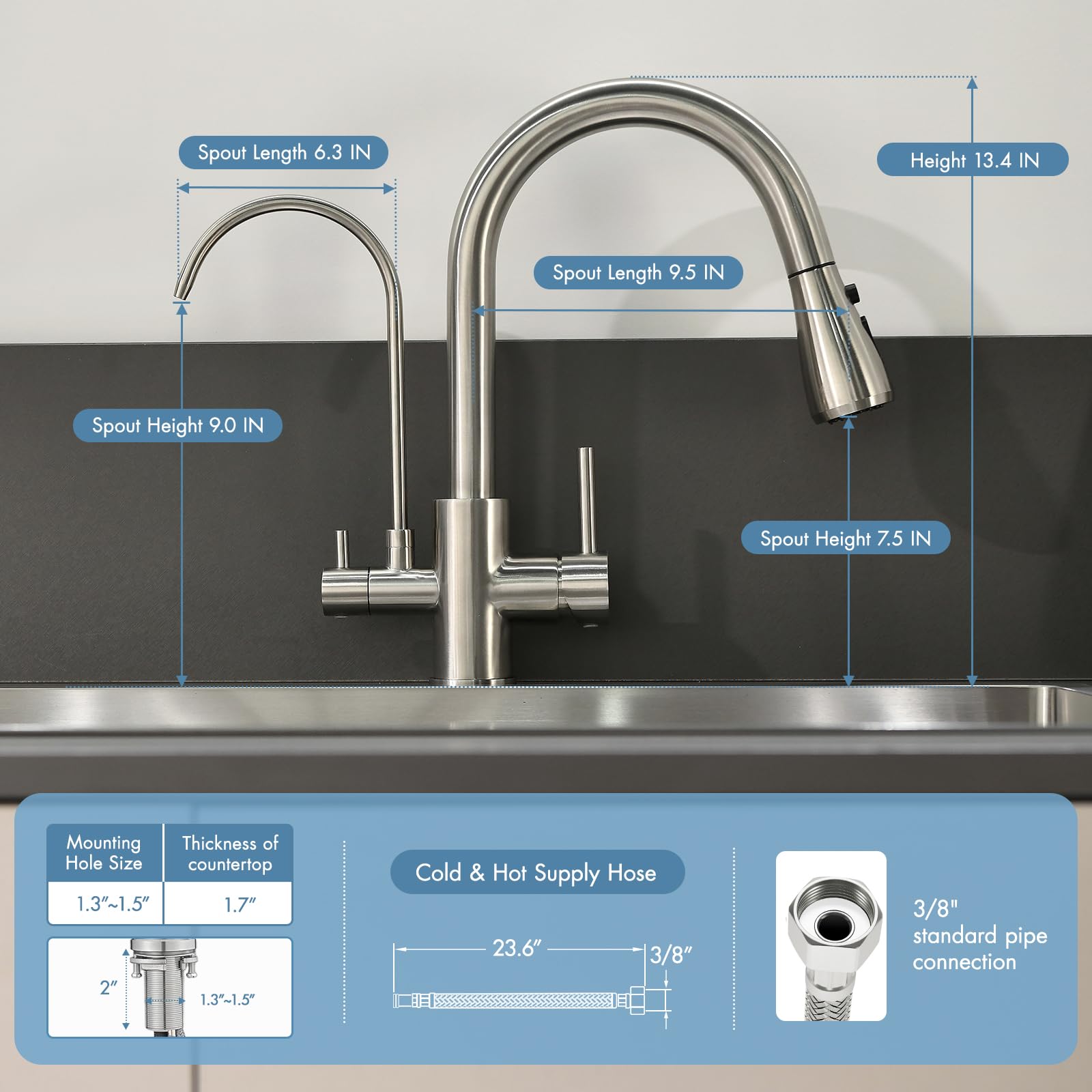 GIMILI stainless steel faucet highlights durable finish resistant to fingerprints and stains.