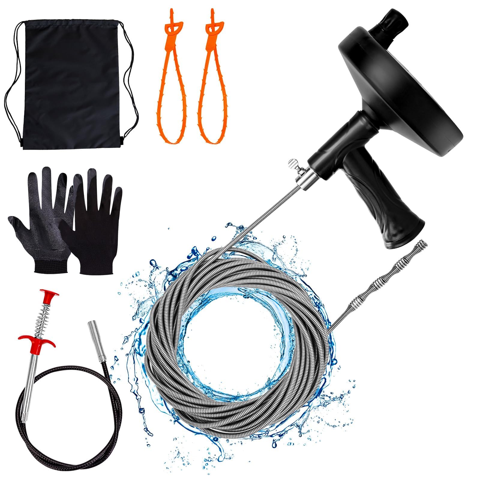 Ginbel Direct drain auger fully extended for deep kitchen drain access.