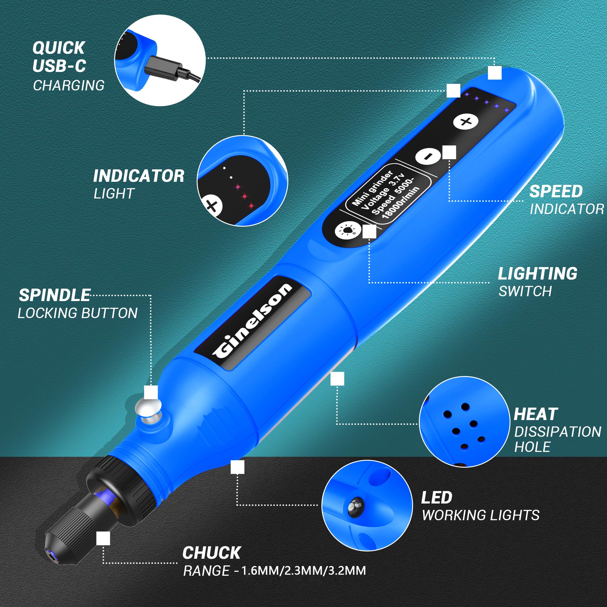 GINELSON cordless rotary tool 5-speed settings for versatile project control.
