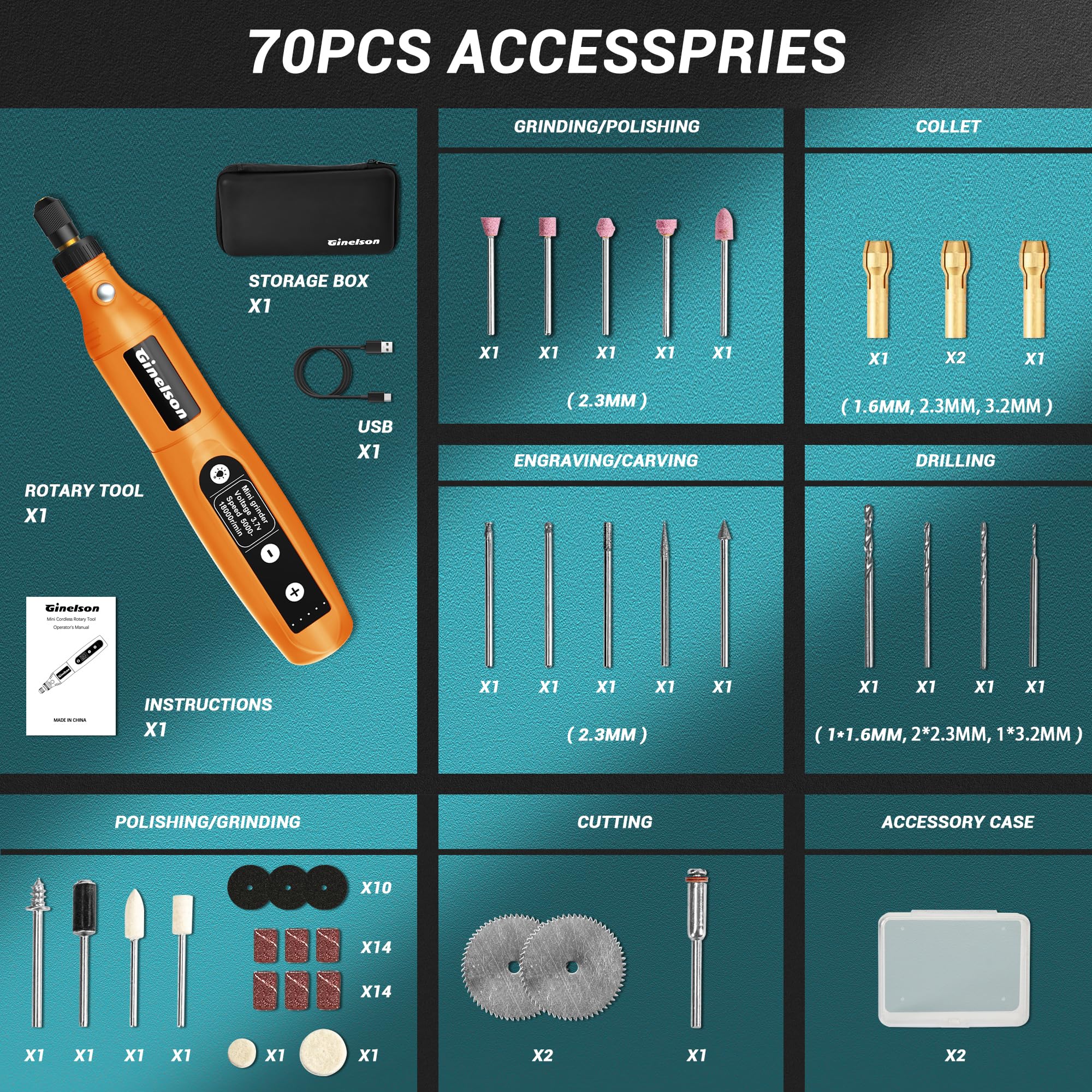 GINELSON cordless rotary tool 70-accessory kit for versatile DIY tasks.