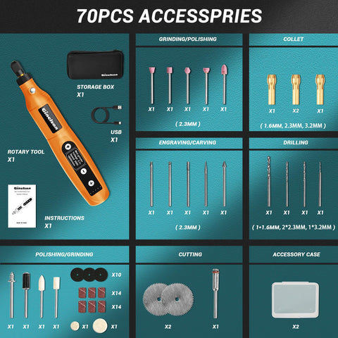 GINELSON cordless rotary tool 70-accessory kit for versatile DIY tasks.