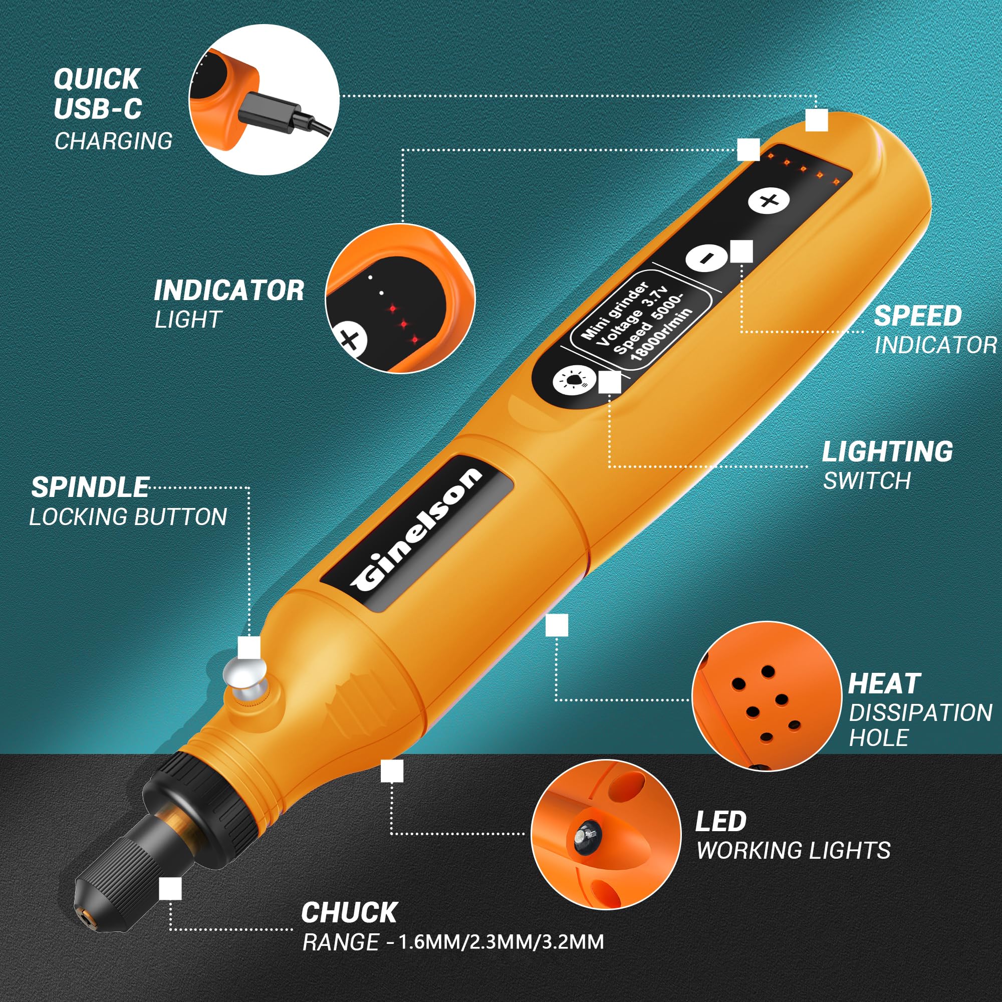 GINELSON cordless rotary tool LED indicator for clear status checks.