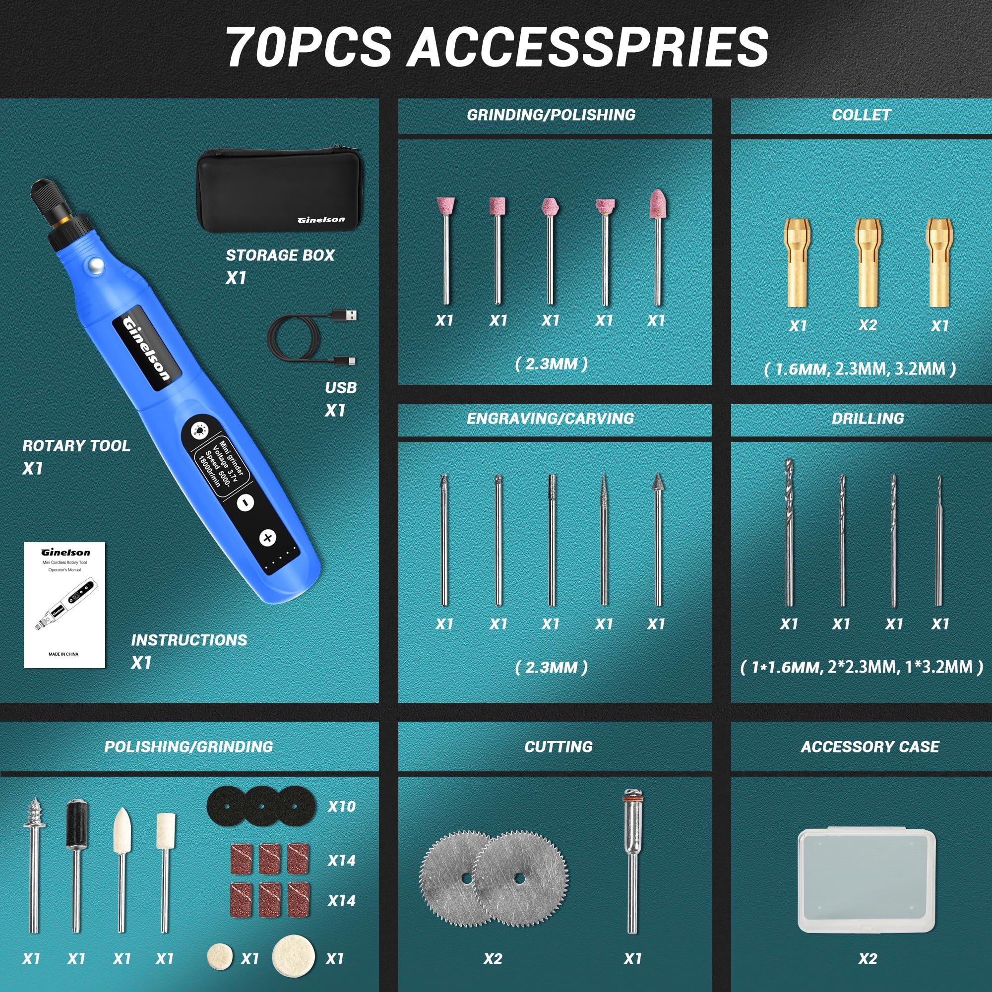 GINELSON cordless rotary tool LED indicator helps accurate operation.