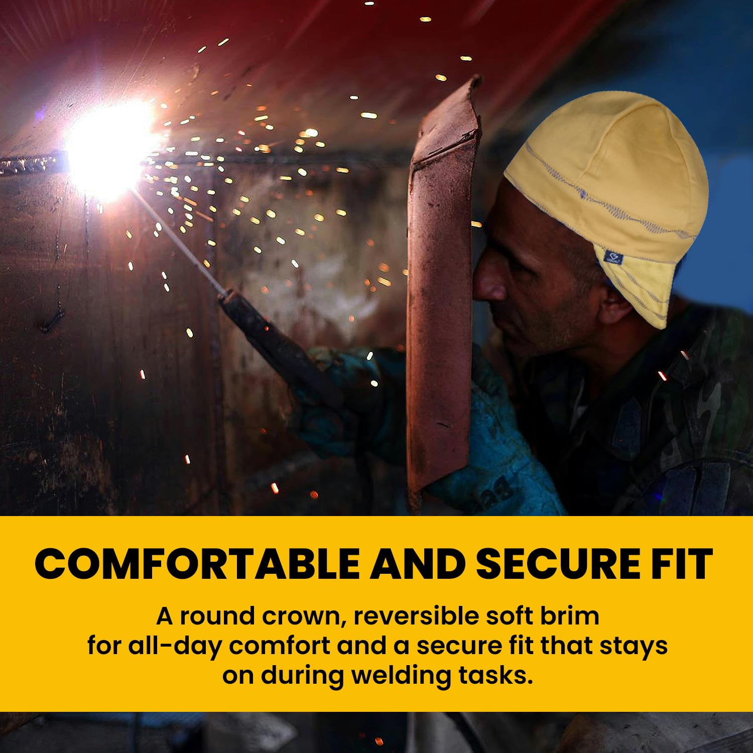 Giorgino protective welding hat guards neck and ears from sparks.