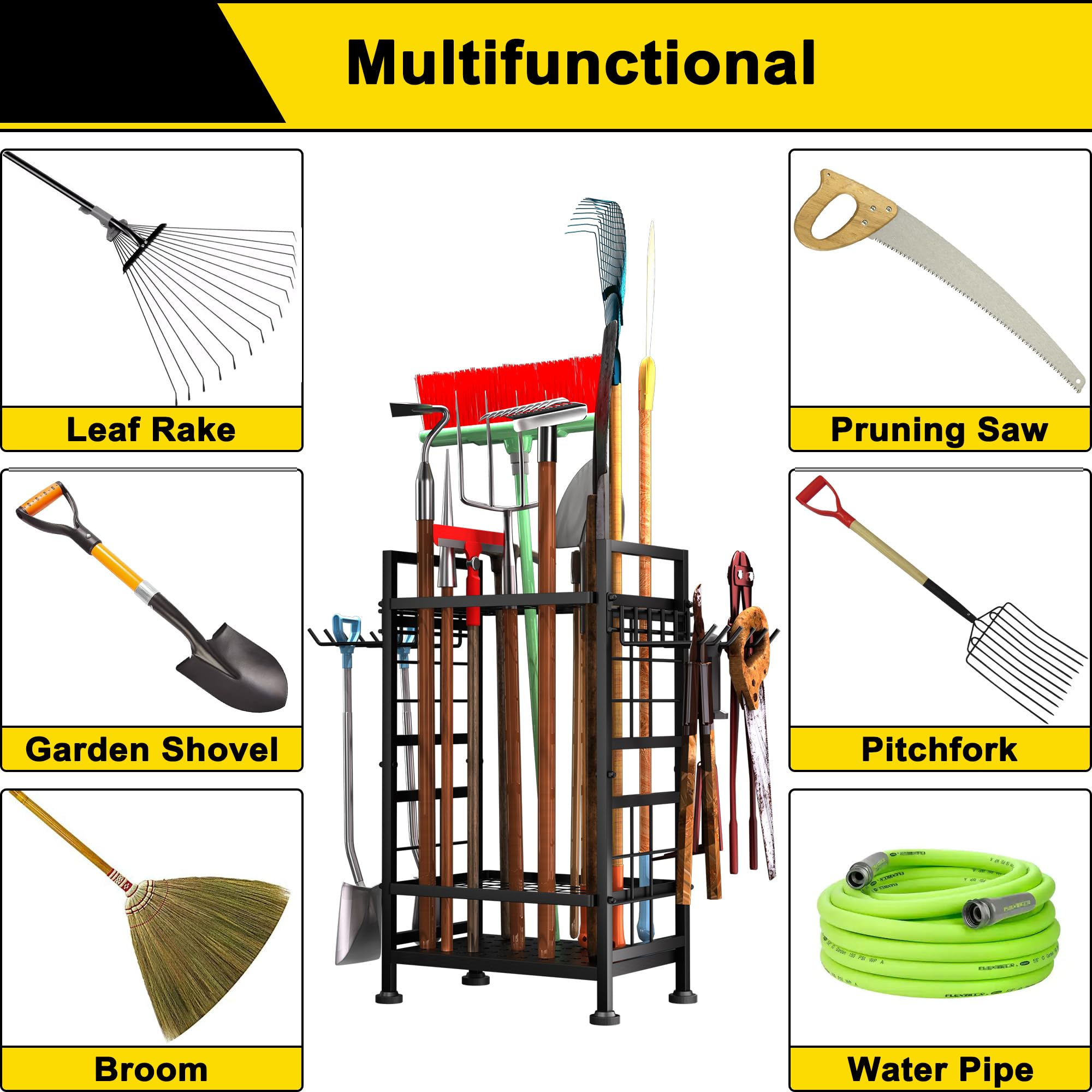 GIOTORENT easy-to-assemble garden tool rack speeds setup.