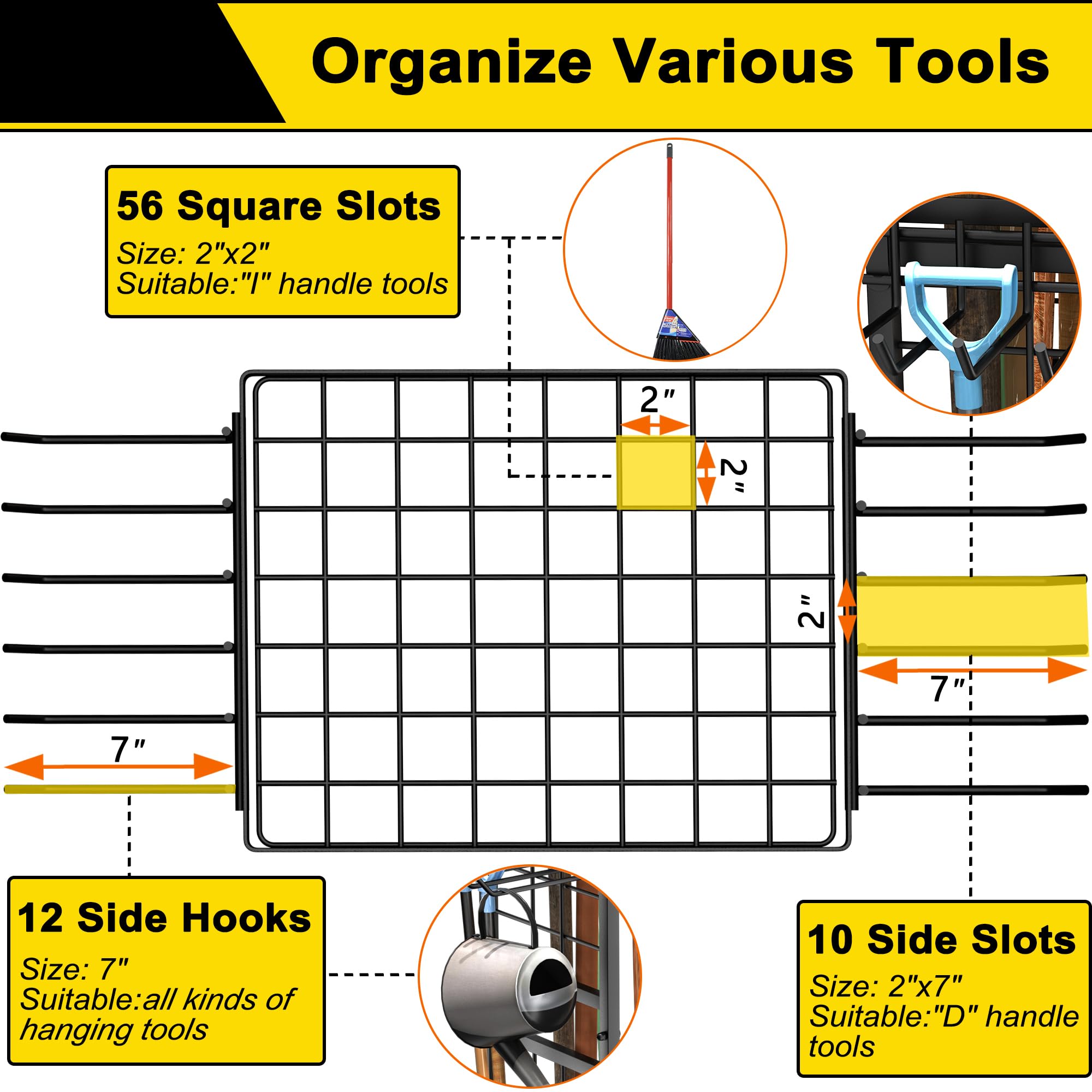 GIOTORENT 12 hooks for hanging tools maximizes wall space.