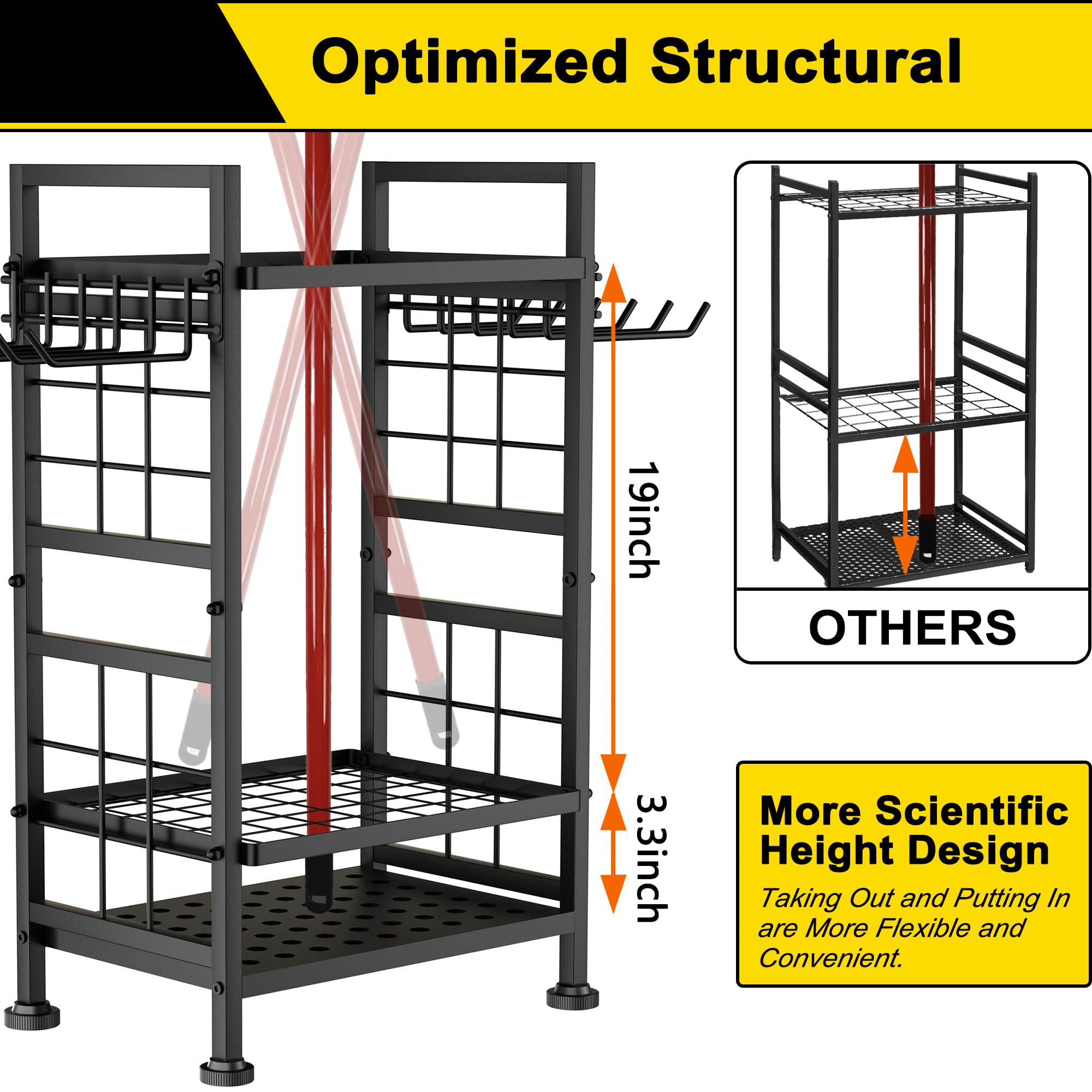 GIOTORENT 3-tier design keeps shovels, rakes, forks neatly separated.