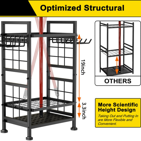 GIOTORENT 3-tier design keeps shovels, rakes, forks neatly separated.