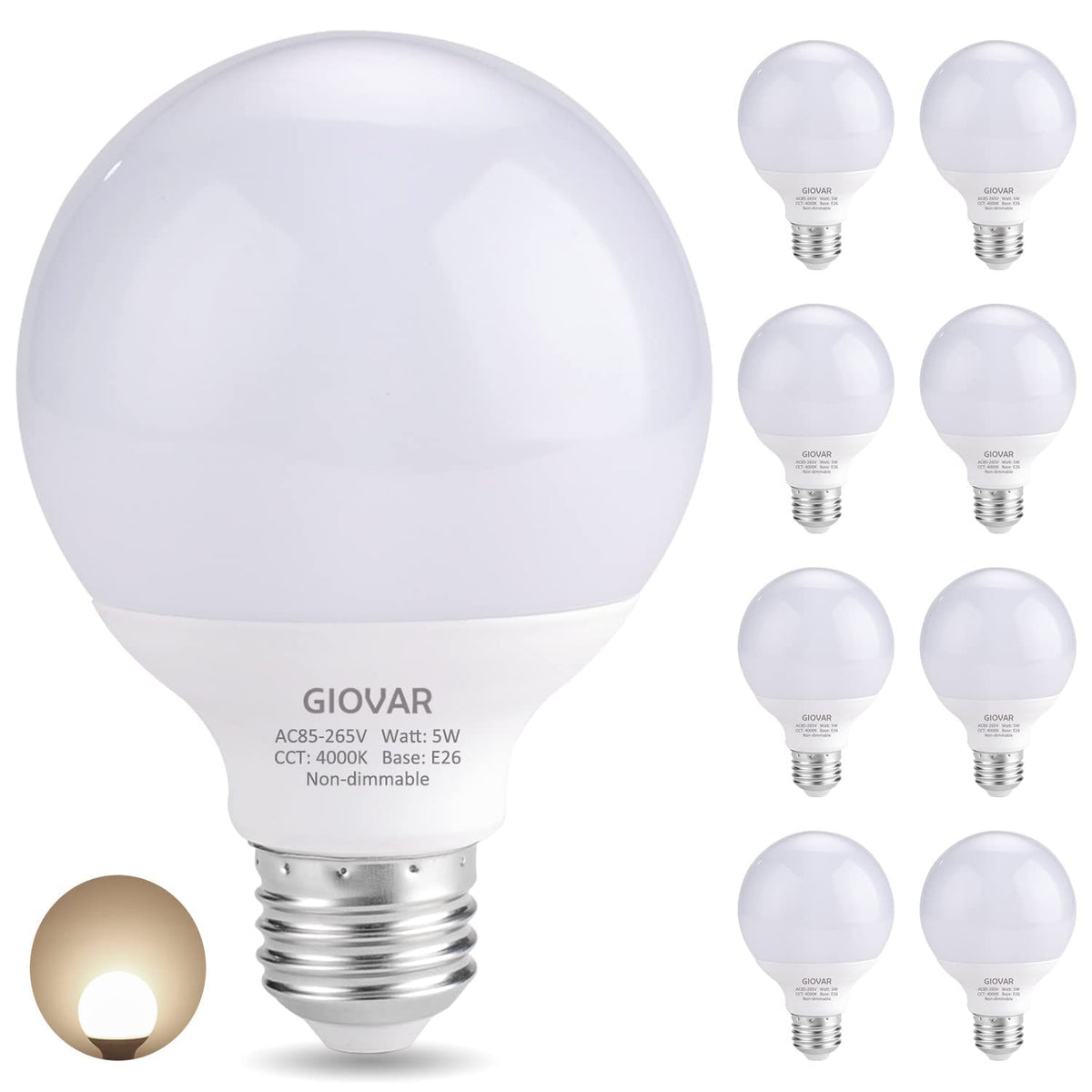 GIOVAR 8-pack LED bathroom bulbs 4000K front view for clear task lighting