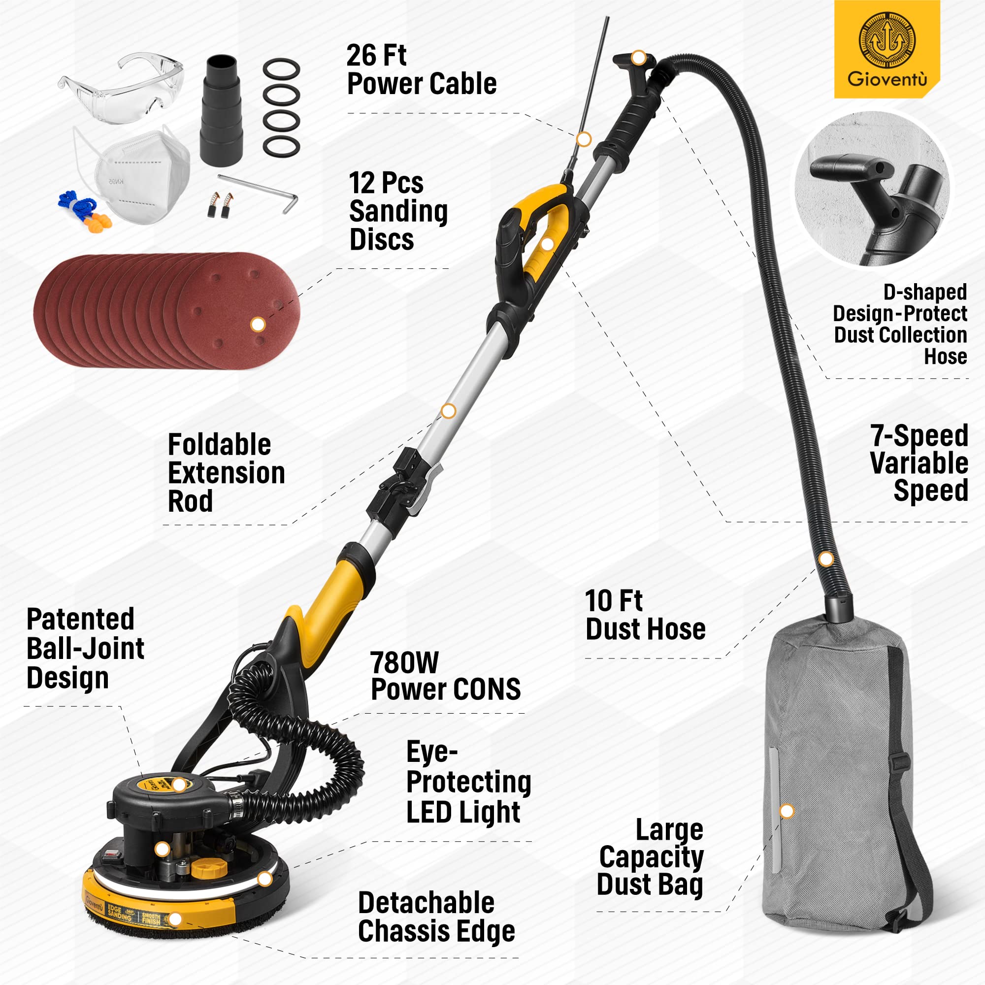 Gioventù dust hose measures 10 feet for flexible sanding angles.