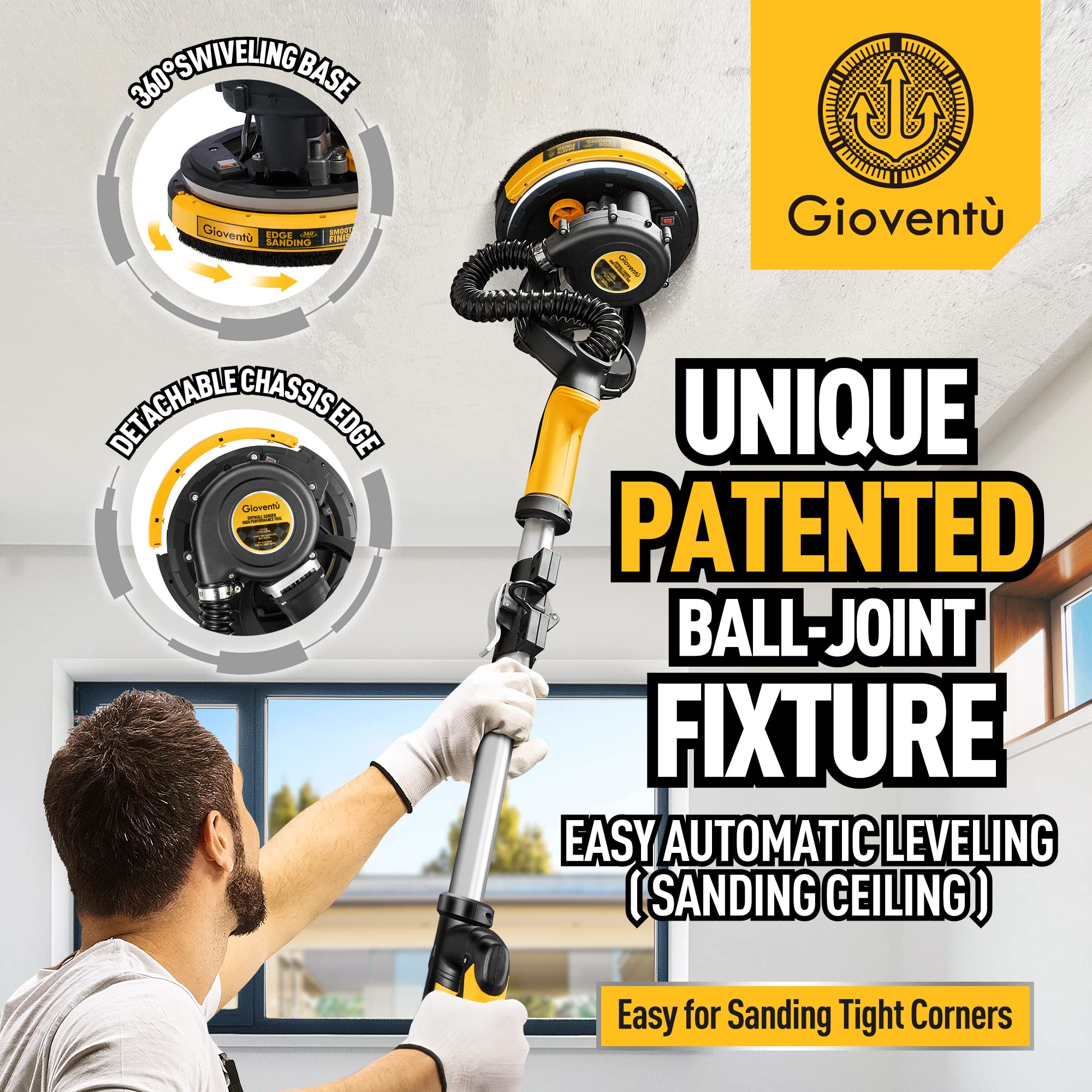 Gioventù sander with LED light illuminates dark corners for precise sanding.