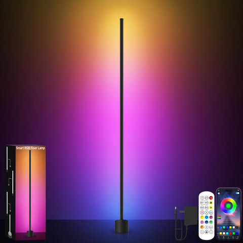 GIPOYENT RGB LED standing lamp enhances living room ambiance with vibrant color options.