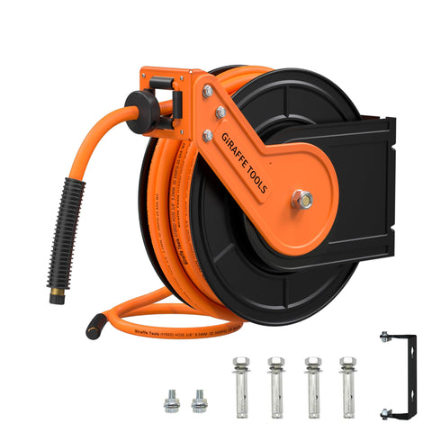 Giraffe Tools TA15BPLUS retractable hose reel keeps workspace tidy and hazard-free.