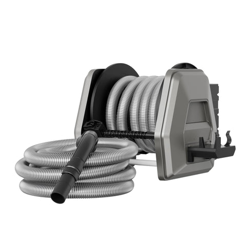 Giraffe Tools vacuum hose reel wall-mounted with 30ft reach for easy garage cleanup.