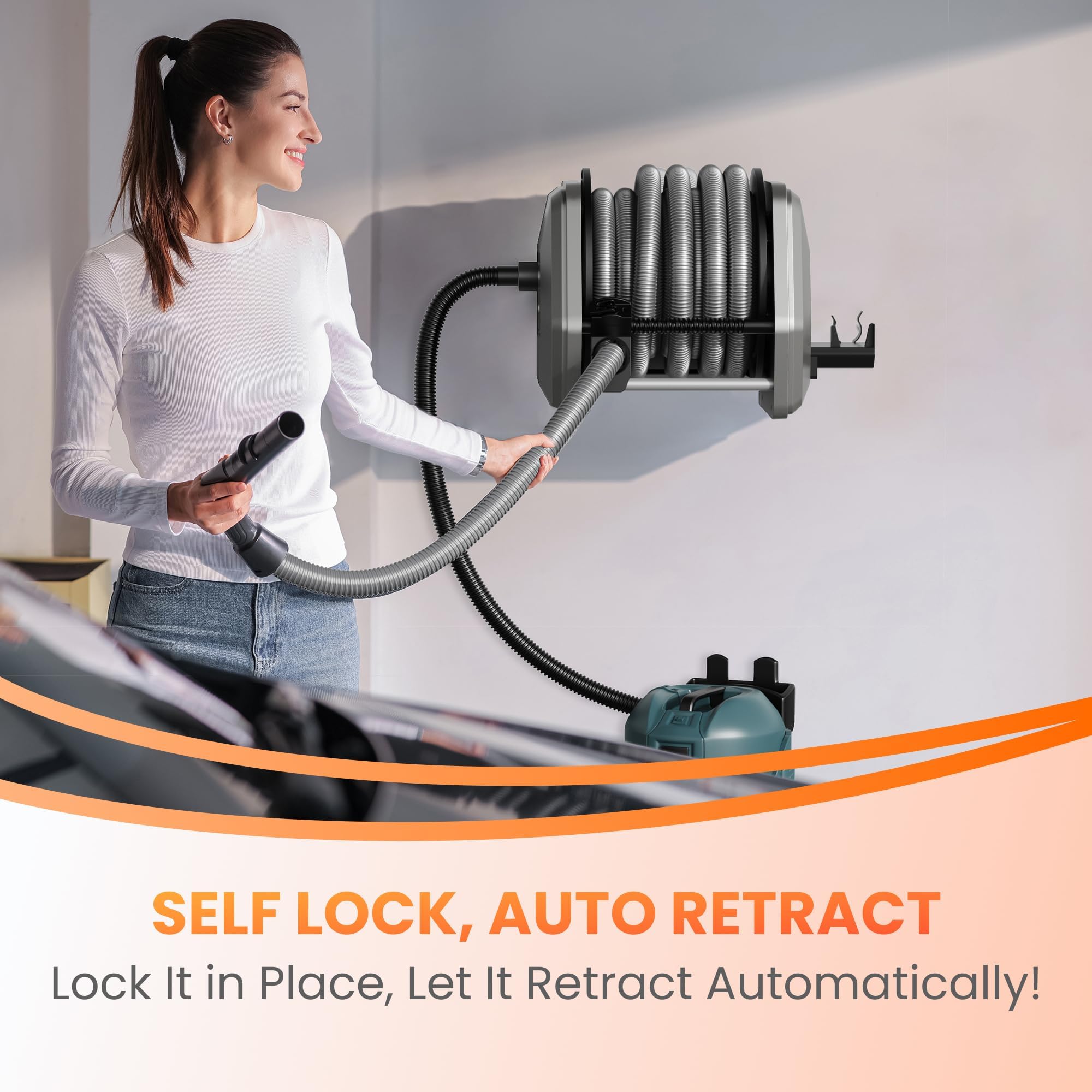 Giraffe Tools wall-mount hose reel installation saves space and keeps hoses accessible.